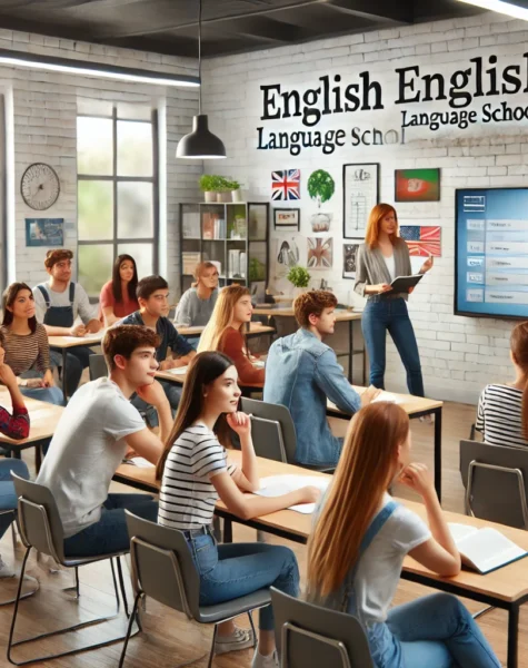 DALL·E 2025-02-05 13.39.15 - A modern English language school classroom with students and a teacher engaged in an interactive lesson. The classroom is well-lit with modern desks, DALL·E 2025-02-05 13.39.15 - A modern English language school classroom with students and a teacher engaged in an interactive lesson. The classroom is well-lit with modern desks,
